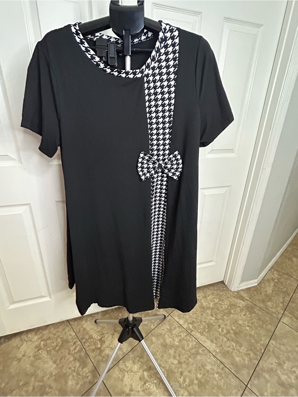 SHEIN Black Midi Dress with Black-and-White Houndstooth Trim and Bow 3X